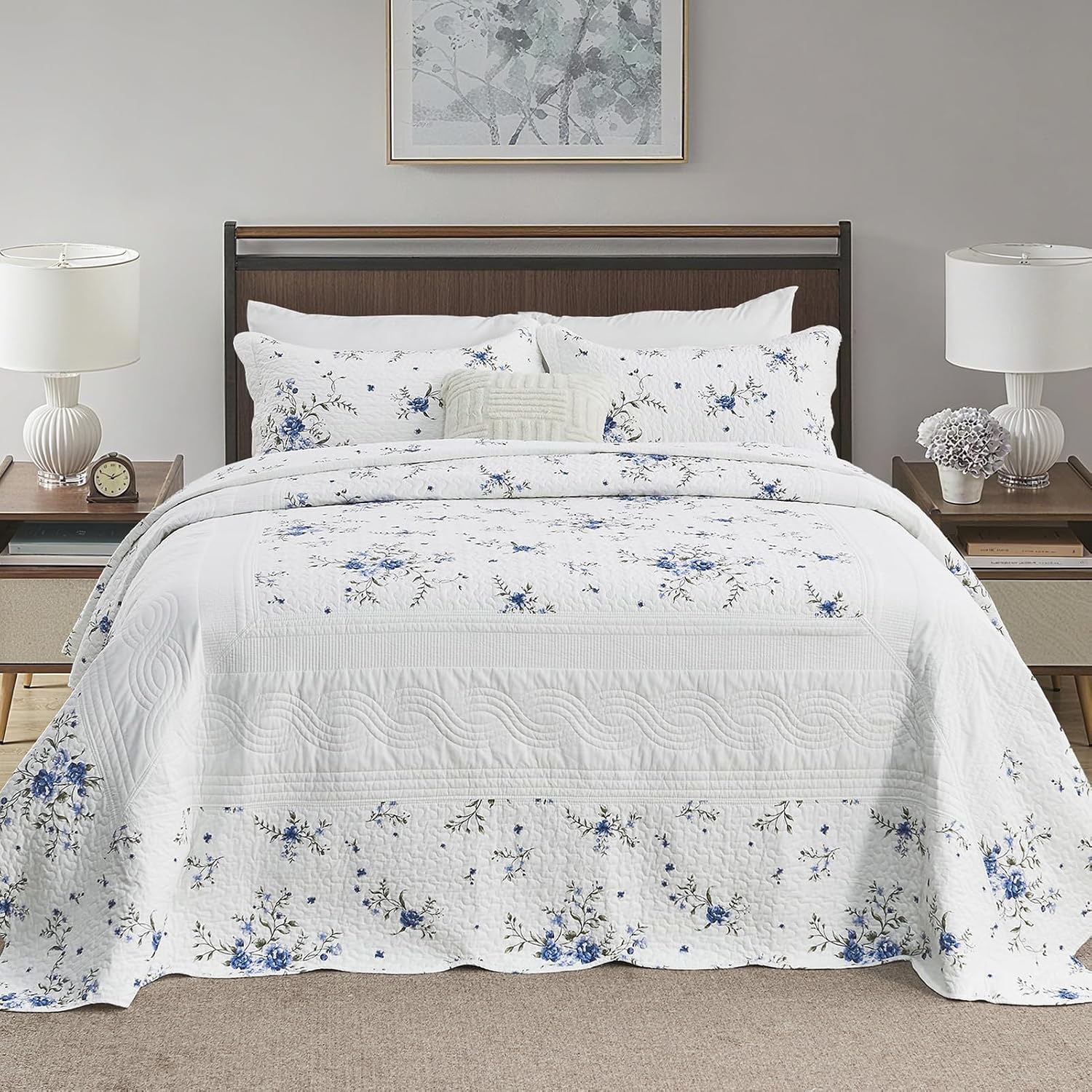 Floral Bedspreads King Size Extra Large, 120x120 Oversized Quilt Bedspread Coverlet, 100% Cotton Blue and White Bedding Set with Shams, Lightweight Soft Quilted Thin Comforter, 3 Piece