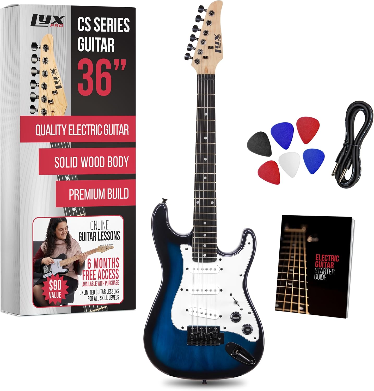 LyxPro CS 30' Electric Guitar Kit for Beginner, Intermediate & Pro Players with Guitar, Amp Cable, 6 Picks & Learner's Guide | Solid Wood Body, Volume/Tone Controls, 5-Way Pickup - Blue