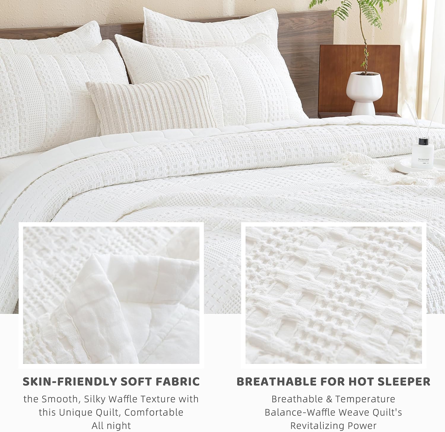 Sanracie White Cotton Quilt Set Queen Size(90'x98')-Waffle Weave Quilt, 3PCS Queen Quilt Bedding Sets, Farmhouse Shabby Boho Chic Quilt Sets for Bed, All Seasons Ultra Soft Qulited Bedspread Set