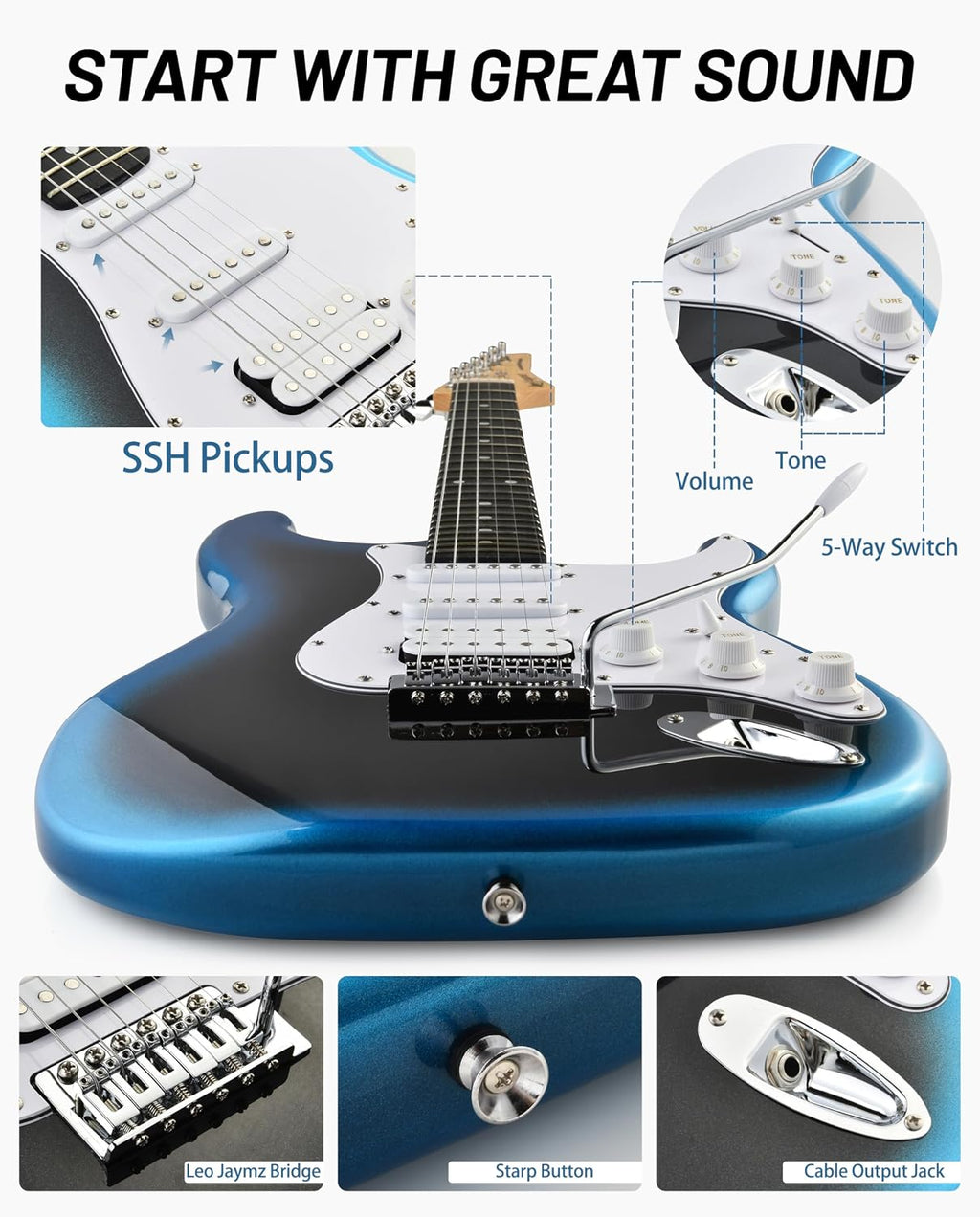Leo Jaymz Beginner Electric Guitar 39' Kit with Portable Amplifier, Padded Gig Bag, Digital Tuner，Capo，Strap，Picks，HSS Pickups (Blue-Black Fade-HSS)