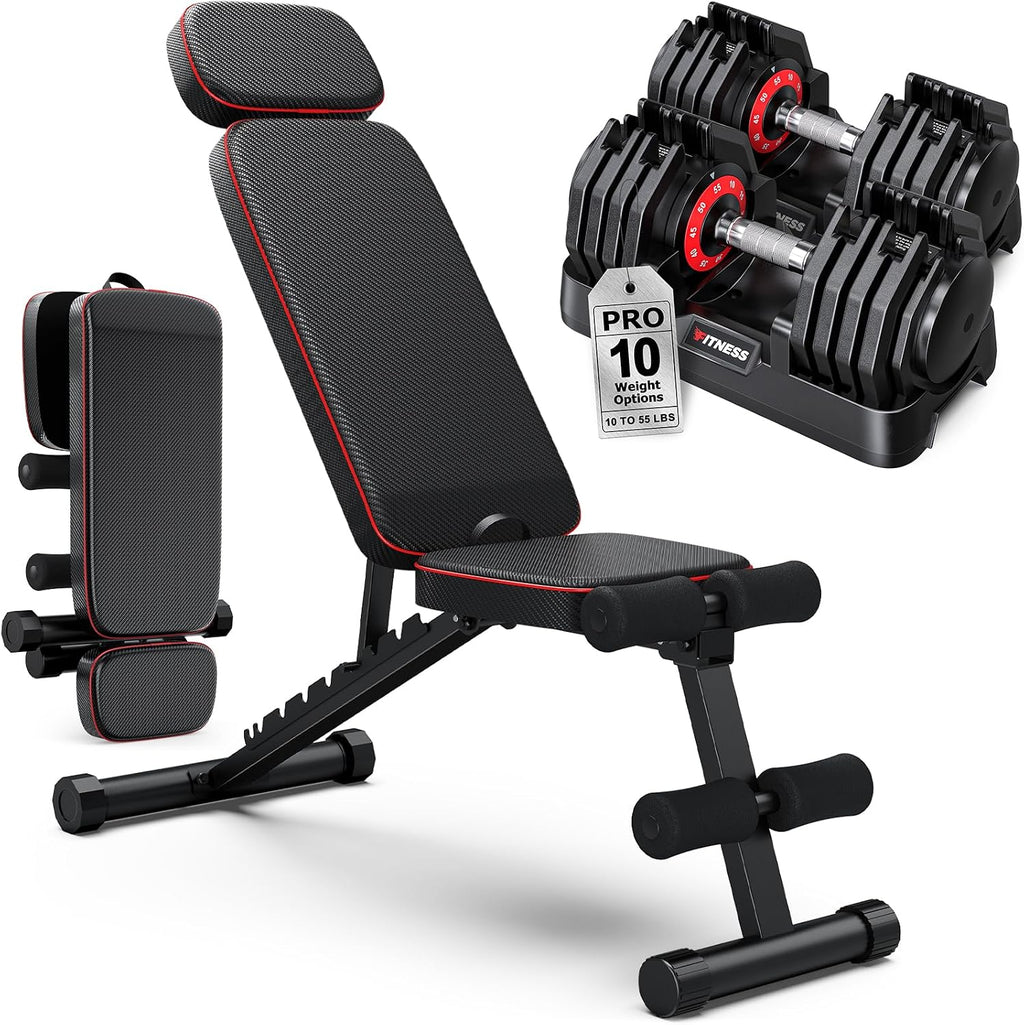 Adjustable Dumbbells Set of 2, 1 Hand Adjustable Weights Dumbbell Set and Workout Bench, 25/55/80lb Pair Weight Set For Home Gym Suit both Men and Women, Compact for Small Space Apartment Room