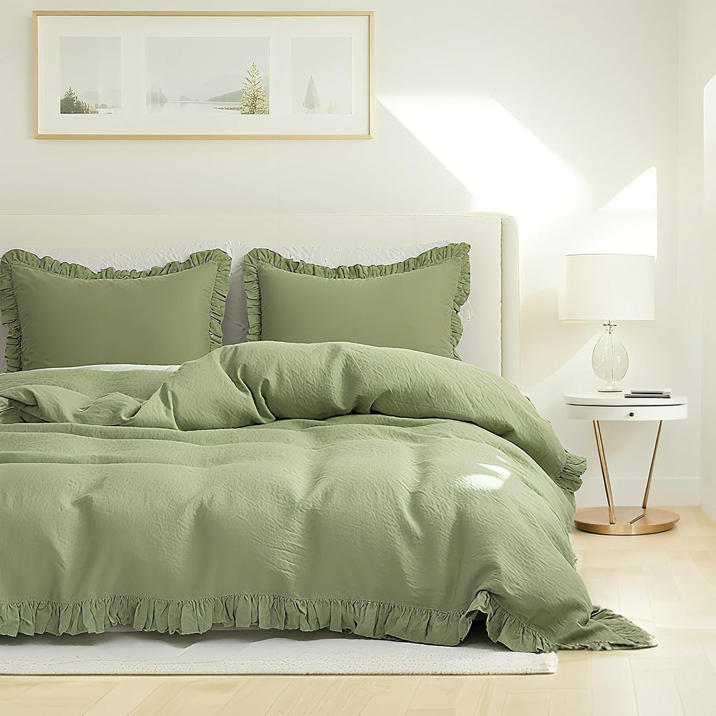Simple&Opulence 100% Linen Duvet Cover Set, 3 PCS Natural French Flax Sage Green Ruffle Duvet Cover Full Size, Breathable Comfy Linen Bedding Comforter Cover with 2 Pillowcases (Sage Green, 78' X 86')