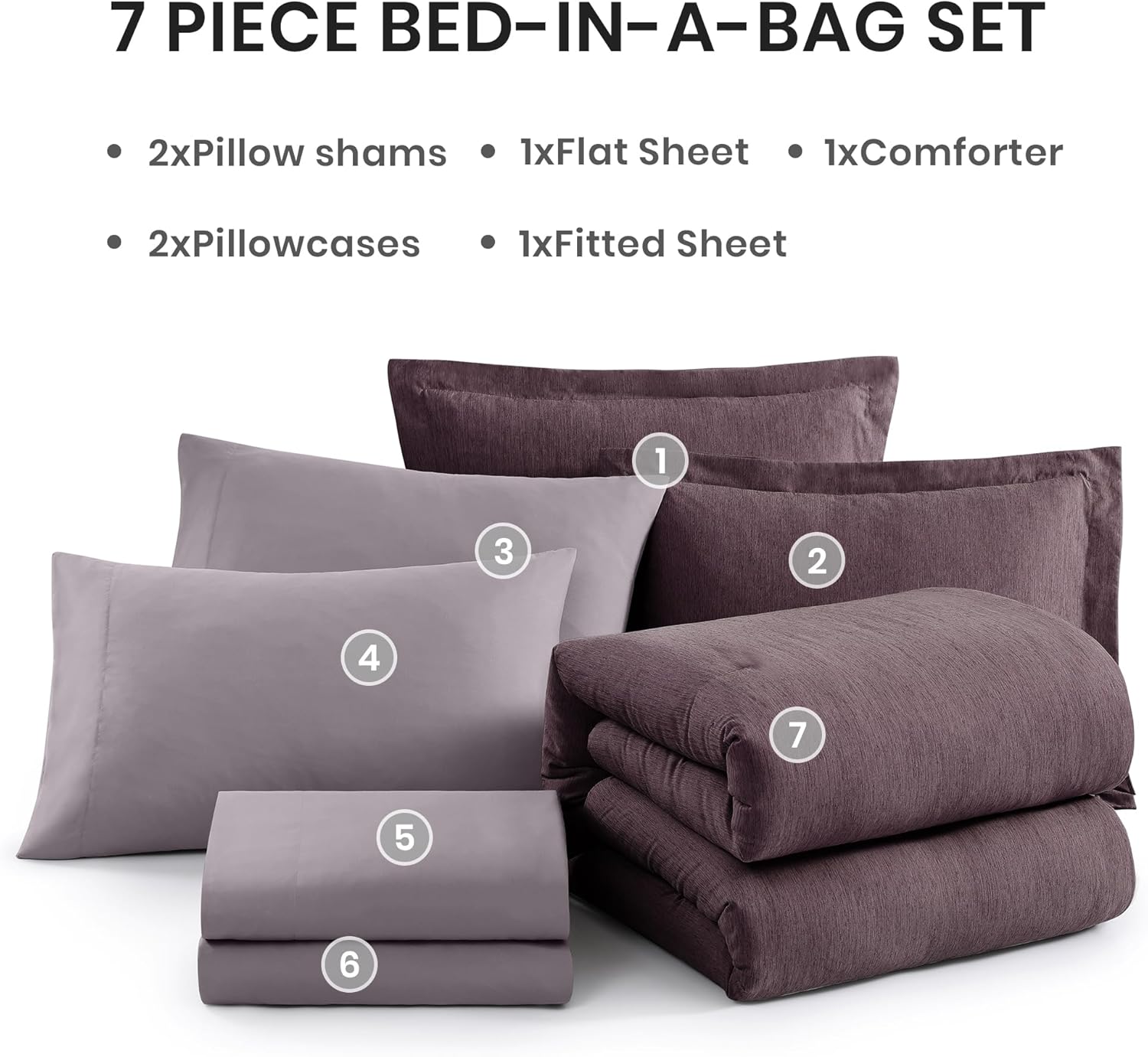 Monbix Super King Comforter Set, Italian Plum Cationic Dyeing Bedding Set Reversible, Bed in a Bag 7 Pieces with Comforter, Sheets, Pillowcases & Shams