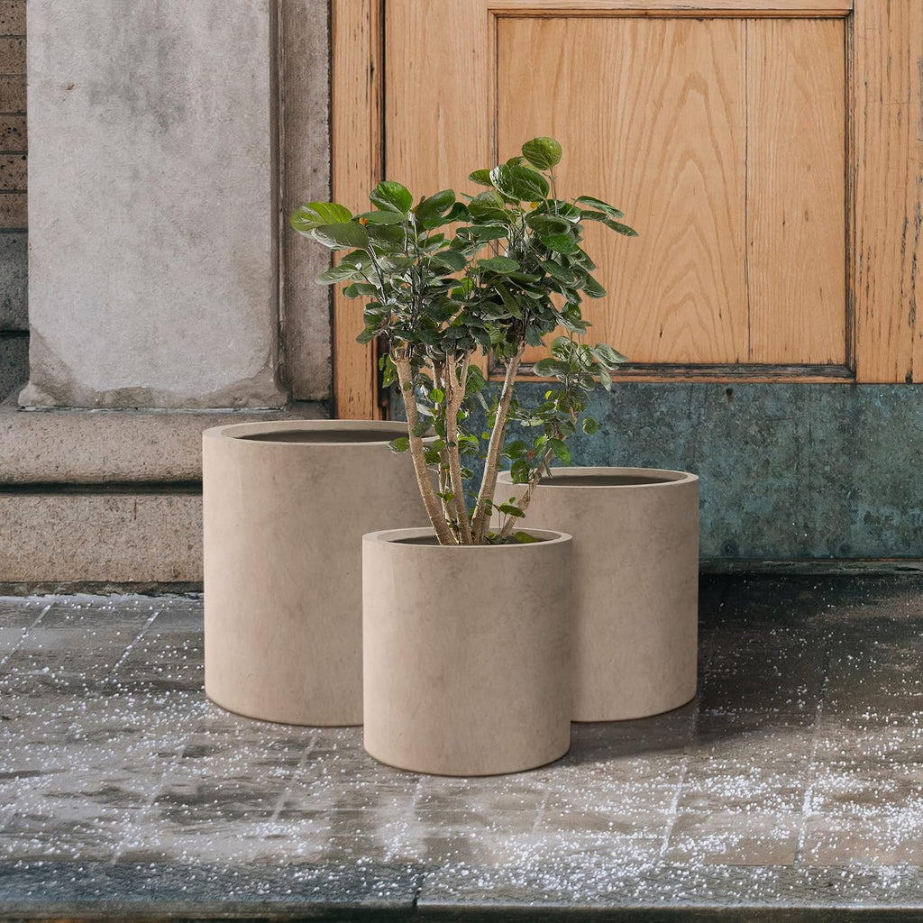 Kante Set of 3 Concrete Planters, Graduated Cylinders 9.8' to 15.7' H 9.8',12.6',15.7' Dia Lightweight Round Pots with Drainage Hole Rubber Plug, Weathered Concrete for Indoor Outdoor, Home Garden