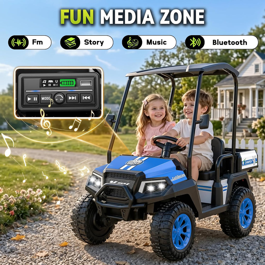 24V Kids Golf Cart w/Detachable Awning–4WD 2 Seater Ride on Car w/Large Storage Trunk, Remote Control, 3 Speeds, Music Player, LED Lights, Ride On Toys, Gift for Kids Ages 3-8((Blue)