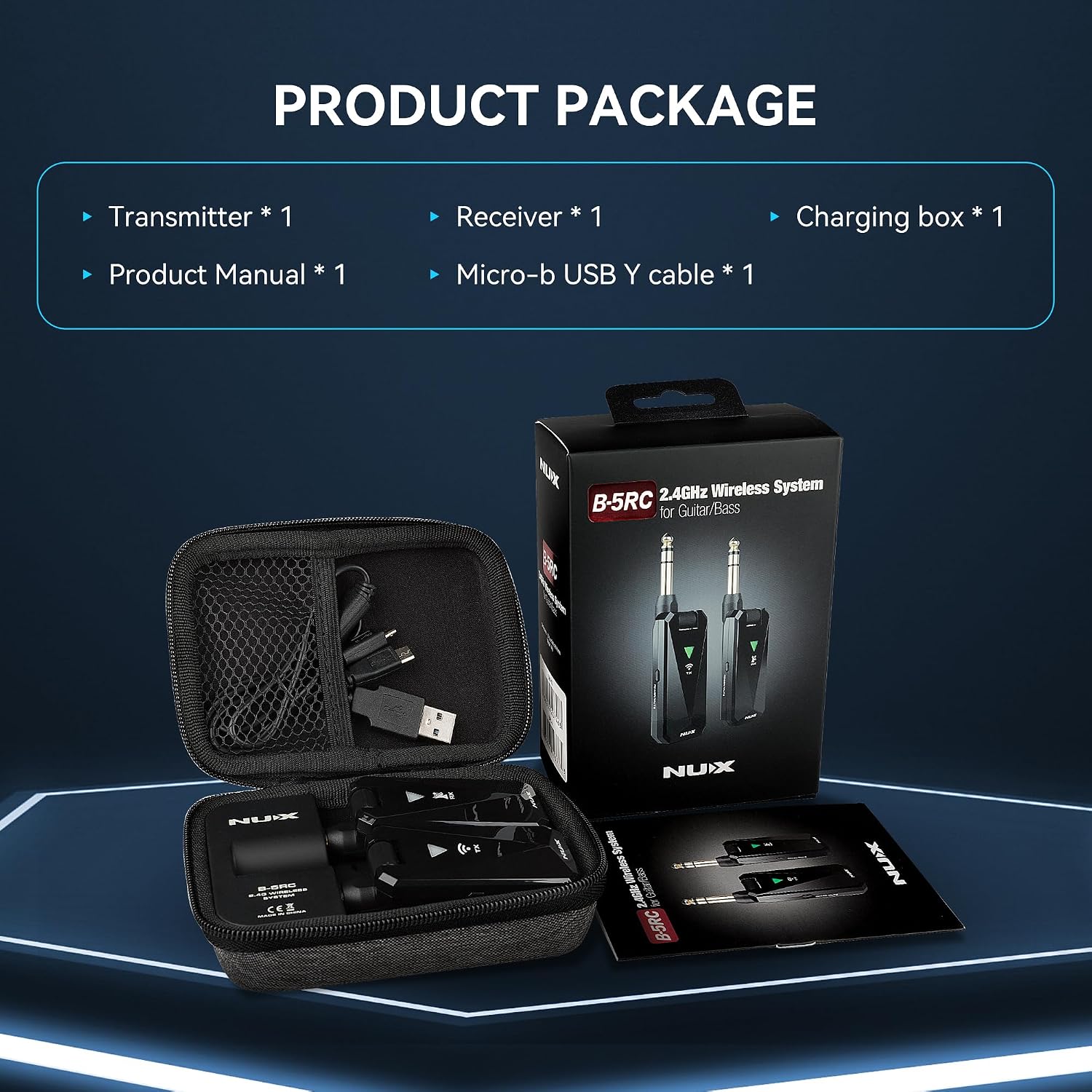 NUX B-5RC Wireless Guitar System with Charging Case, 2.4GHz Wireless Transmitter and Receiver with Active or Passive Pickup，Auto Match, Mute Function, Cabletone Function, Black
