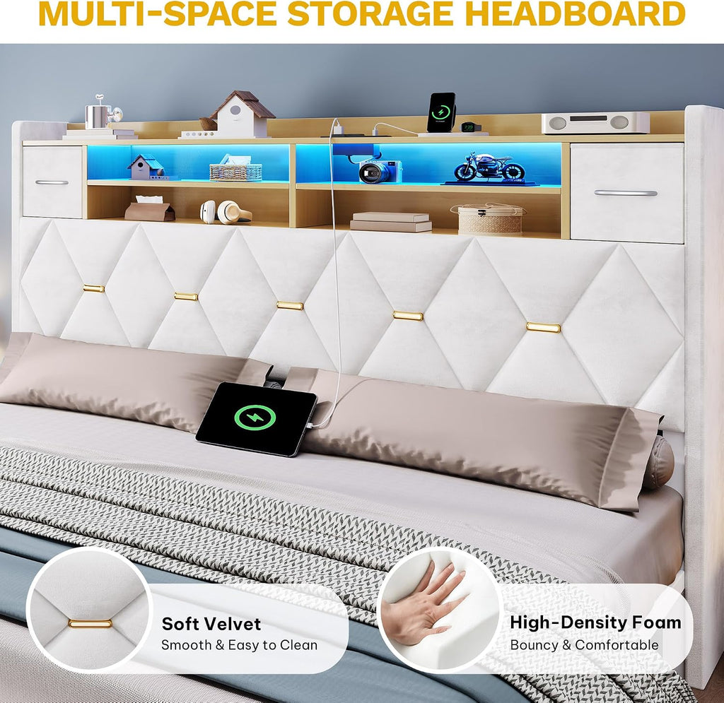 DWVO King Size Bed Frame with 2 Storage Drawers and Storage Headboard, Upholstered Platform with Charging Station and LED Light, No Box Spring Needed, Noise Free, Easy Assembly, Velvet White