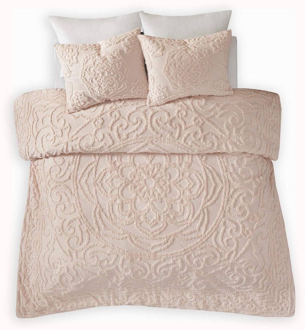 Madison Park Laetitia 100% Cotton Duvet Set-Chenille Tufted Medallion Design All Season Cozy Bedding Shabby Chic Comforter Cover, Matching Shams, King/California King (104 in x 92 in), Floral Blush