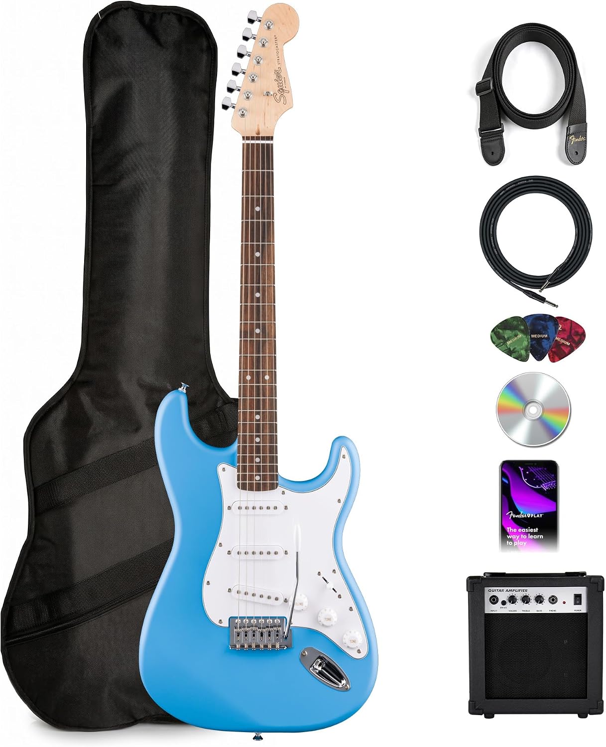 Fender Squier Stratocaster - California Blue Bundle with Amplifier, Gig Bag, Strap, Instrument Cable, Picks, and Austin Bazaar Instructional DVD