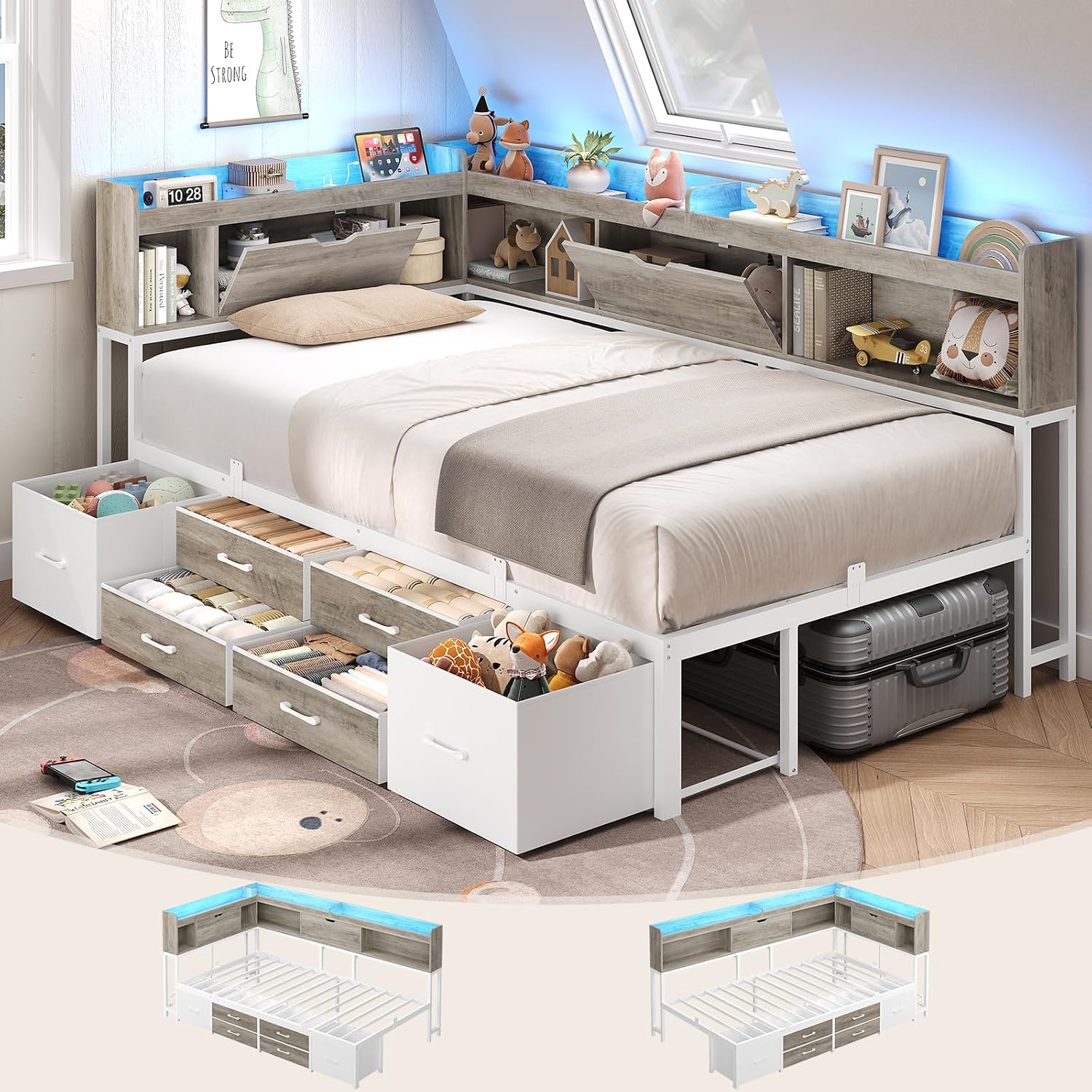 AOGLLATI Twin Corner Bed Frame with Bookcase and Hidden Storage & Metal Platform Twin Size Daybed with 6 Drawers,Charging Station, Led Lights- for Kids, Teens, Grey