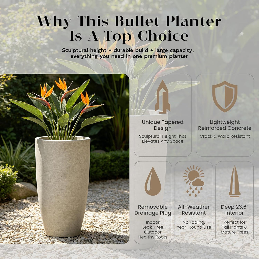 Kante 23.6' Tall Bullet Shape Concrete Planter, Large Tapered Plant Pot with Drainage Hole & Rubber Plug – Breathable Handmade Weathered Concrete for Floor, Entryway, Patio