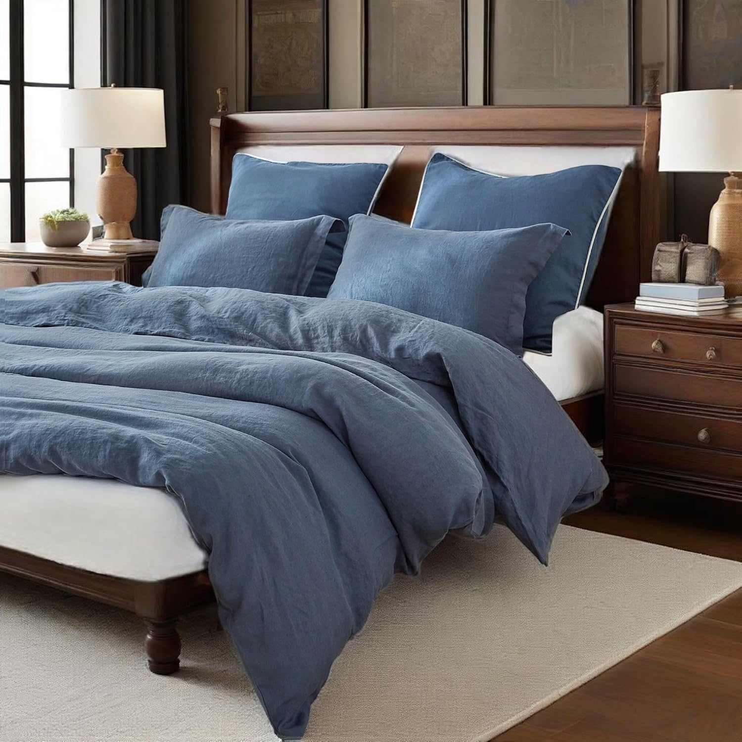 Simple&Opulence 100% Linen Duvet Cover Set, 3 PCS Classic Blue Duvet Cover King Size, Breathable Soft Comfy Linen Bedding Comforter Cover with 2 Pillowcases(Classic Blue, 104'x92')