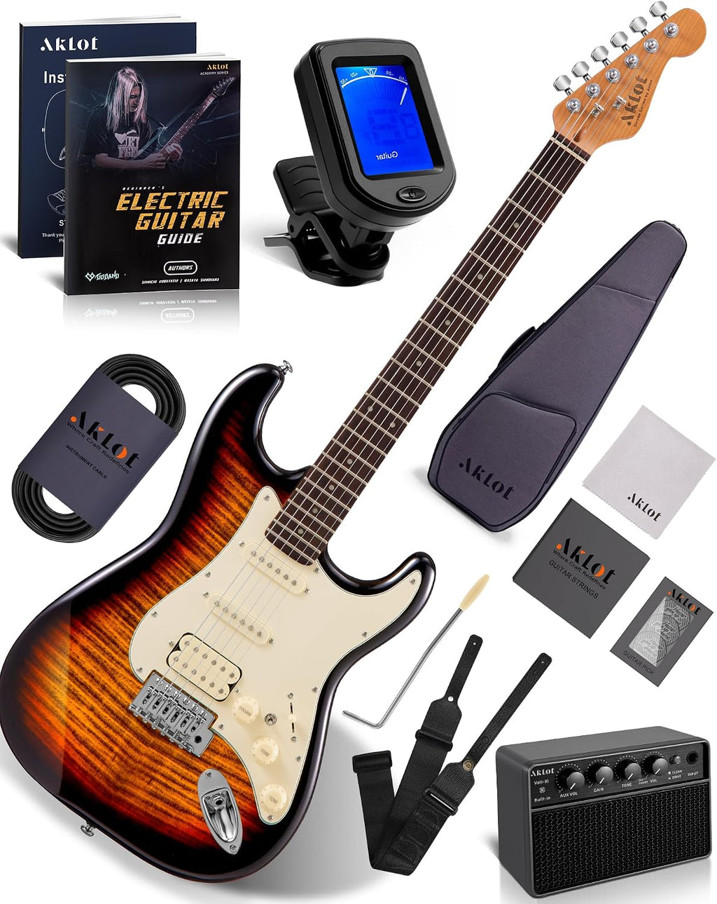 AKLOT Beginner Electric Guitar Kit: 10W Amp, Coil-Split HSS Pickups, Lesson Book, Roasted Maple Neck, Gig Bag, Tuner, Strap, Picks, Stryde Inferno Burst