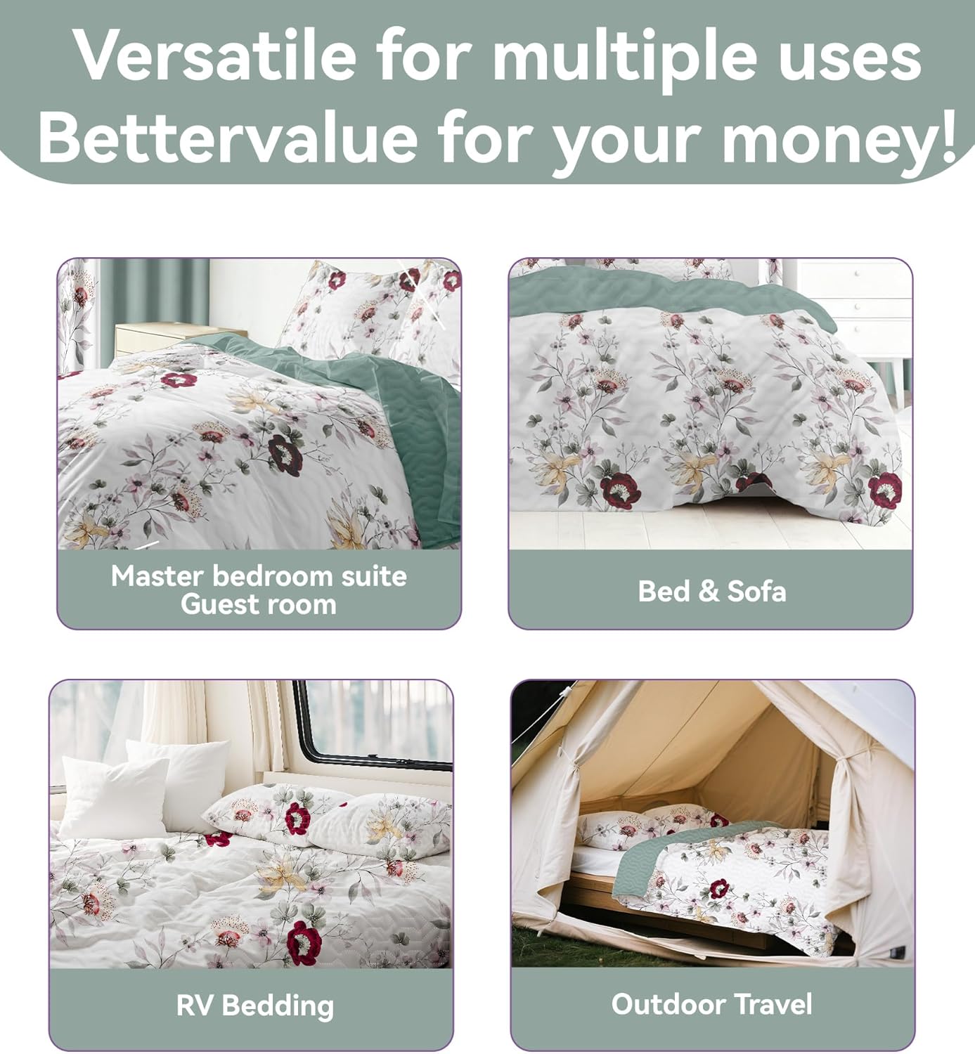 9 Pcs King Bed in A Bag with Curtains | Green/Red Floral Bedspread, 2 Pillowcases, 2 Print & 4 Solid Curtains | Microfiber, Moisture-Wicking | King Size Comforter Set with Curtains