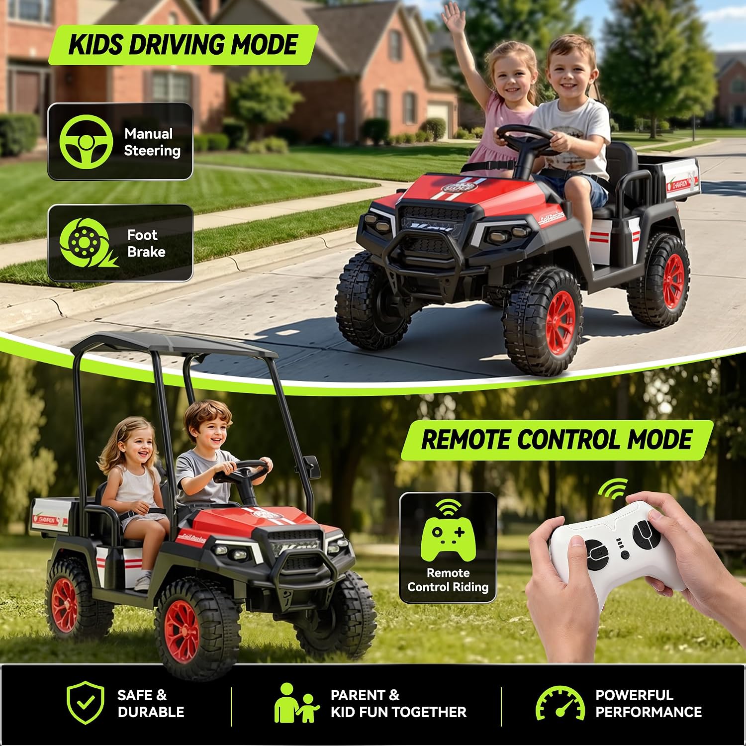 24V Kids Golf Cart w/Detachable Awning–4WD 2 Seater Ride on Car w/Large Storage Trunk, Remote Control, 3 Speeds, Music Player, LED Lights, Ride On Toys, Gift for Kids Ages 3-8(Red)