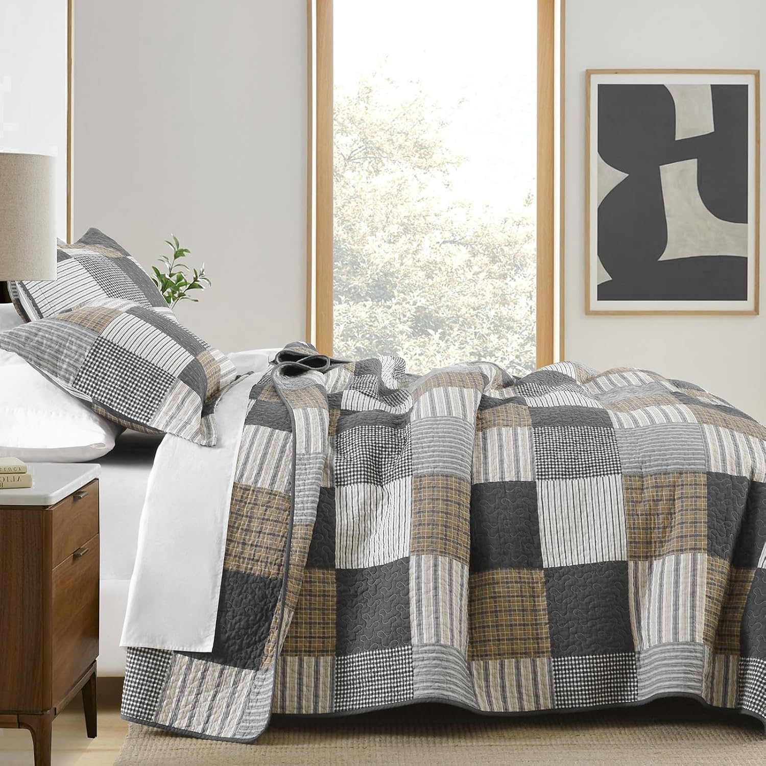 KALOOLA Plaid Quilt King Size, 100% Cotton Soft Lightweight Quilted Bedding Set for King Bed, Farmhouse Reversible Bedspread Coverlet with 2 Pillowshams for All Season, 3 Pcs, Grey/White/Black