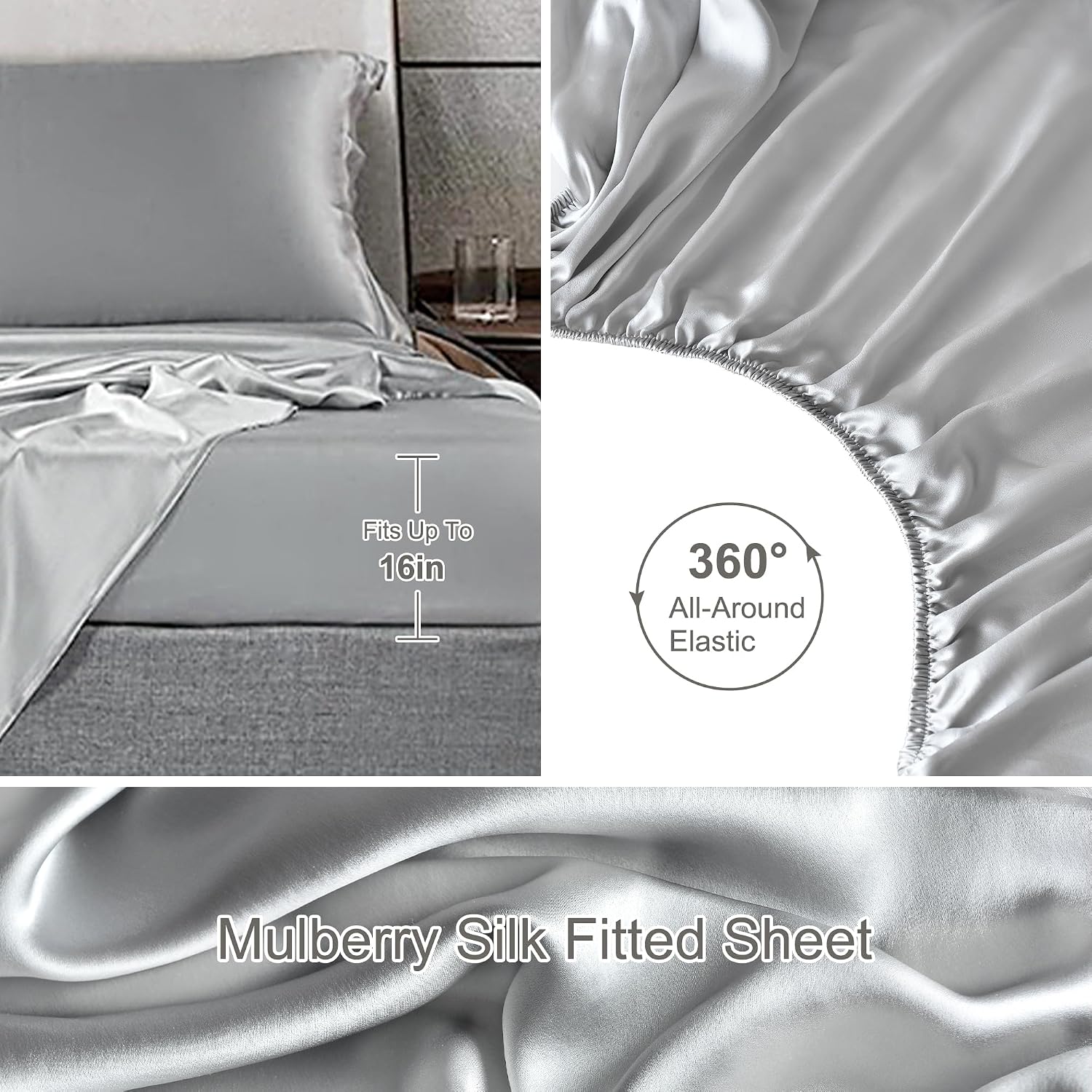 Silk Sheet Set - 100% Mulberry Silk, 19 Momme, Deep Pockets, Ultra Soft Luxury Bedding (Gray, King)