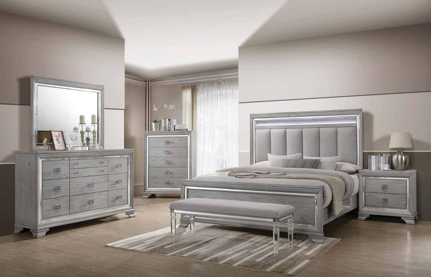 Contemporary Gray Finish Upholstered Padded King Size LED Light Bed Solid Wood 3pc Wooden Bedroom Set