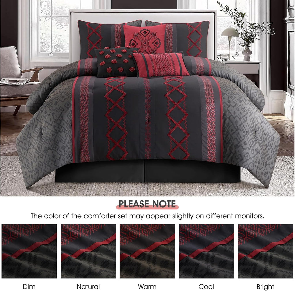 LANCO MODERN LIFESTYLE Black Red King Comforter Set, 7 Pieces All Season Bedding Sets in a Bag with Geometric Terry Embroidered Comforter, Bed Skirt, Pillow Shams and Decorative Pillows