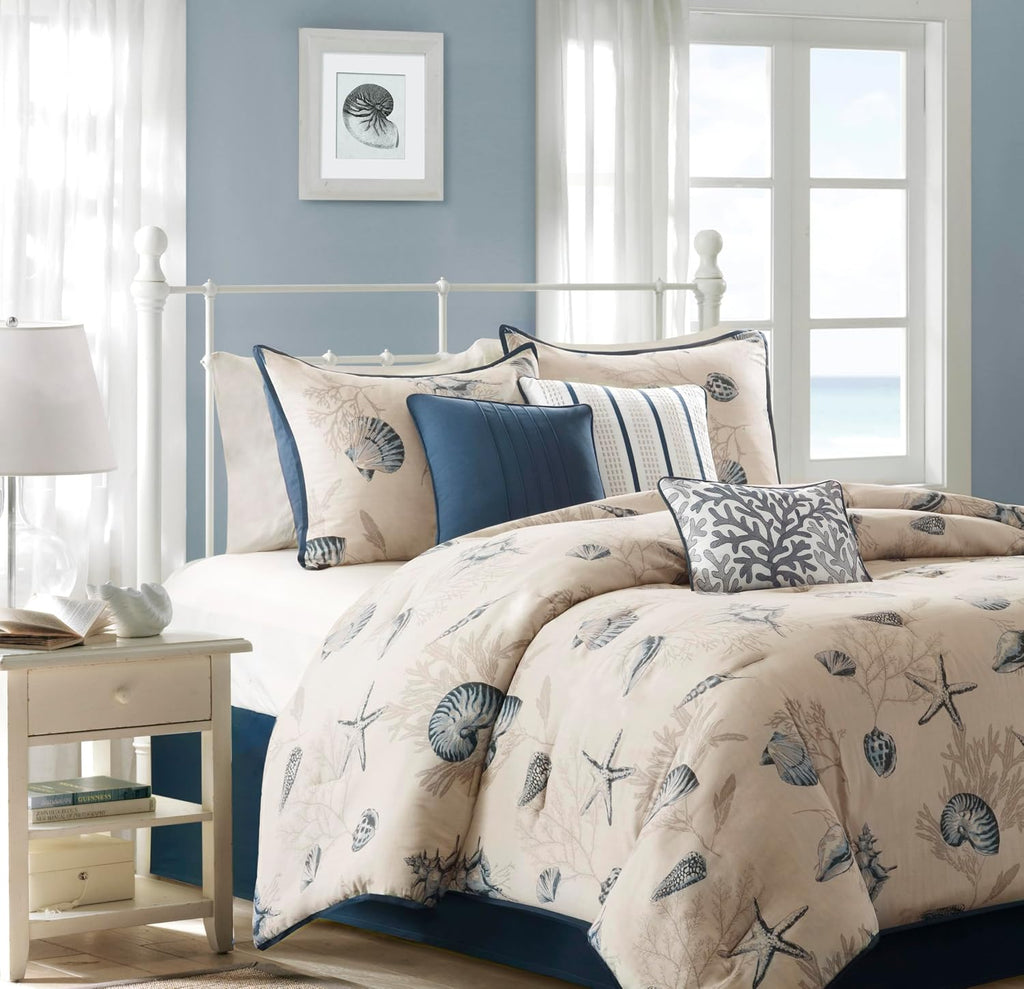 Madison Park 100% Cotton Comforter Set - Coastal Coral, Starfish Design All Season Down Alternative Cozy Bedding with Matching Shams, Decorative Pillow, Cal King(104'x92'), Taupe 7 Piece