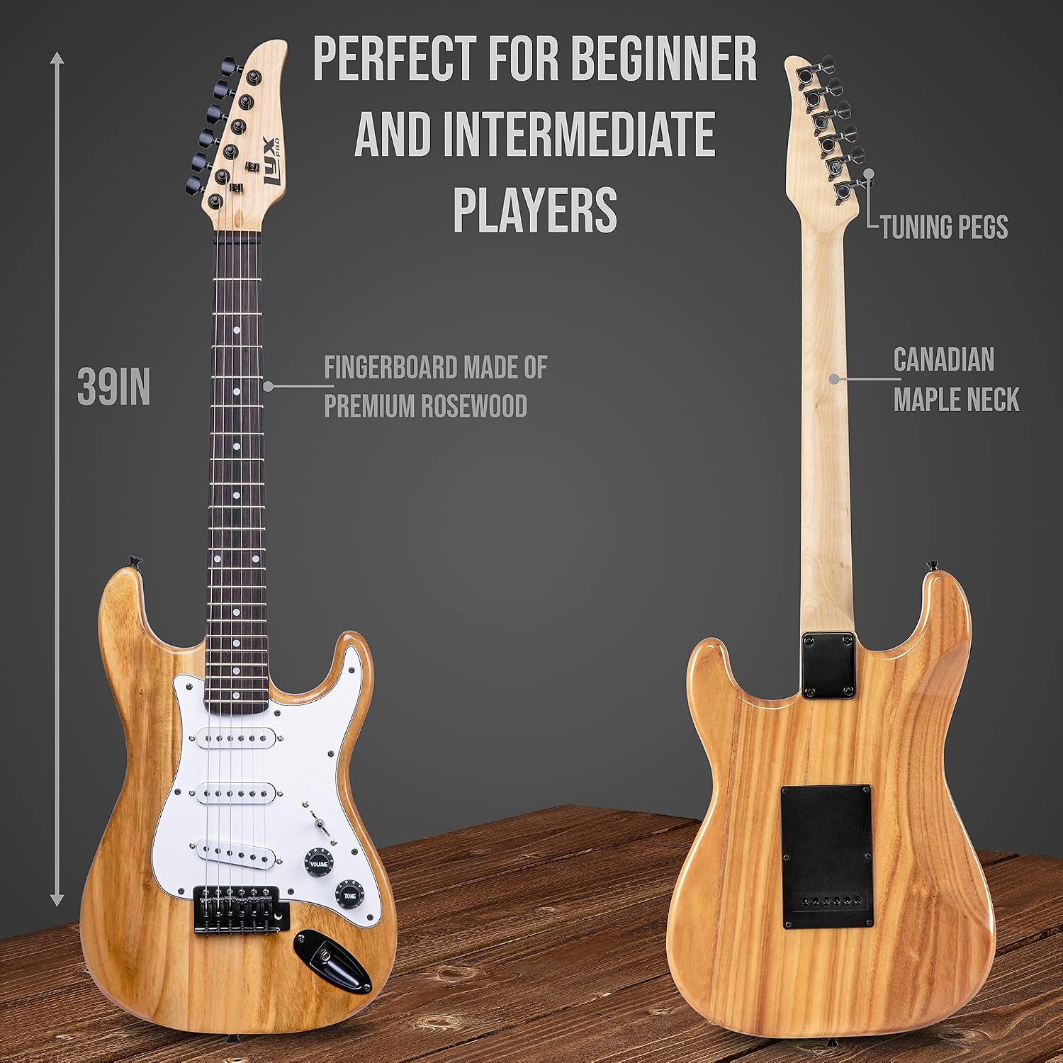 LyxPro 36 Inch Electric Guitar and Kit for Kids with 3/4 Size Beginner's Guitar, Amp, Six Strings, Two Picks, Shoulder Strap, Digital Clip On Tuner, Cable and Soft Case Gig Bag -Natural