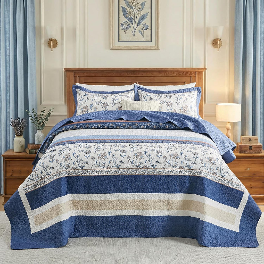 100% Cotton Oversized King Bedspread 128'x120' - Lightweight Vintage California Quilt with 2 Shams, Reversible Floral Striped Extra Wide Quilted Bedding Coverlet Set, Dark Blue/Brown/Cream