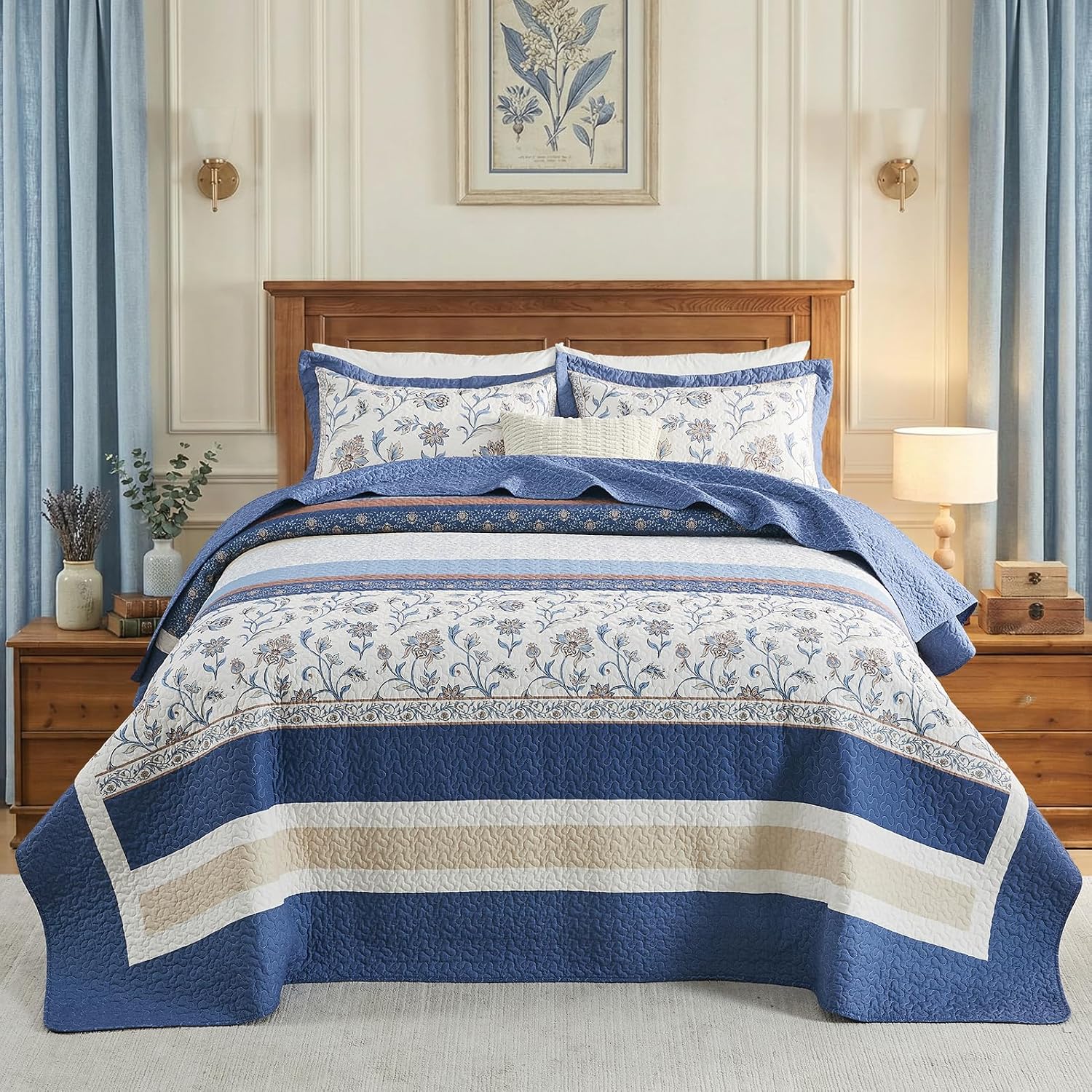 100% Cotton Oversized King Bedspread 128'x120' - Lightweight Vintage California Quilt with 2 Shams, Reversible Floral Striped Extra Wide Quilted Bedding Coverlet Set, Dark Blue/Brown/Cream