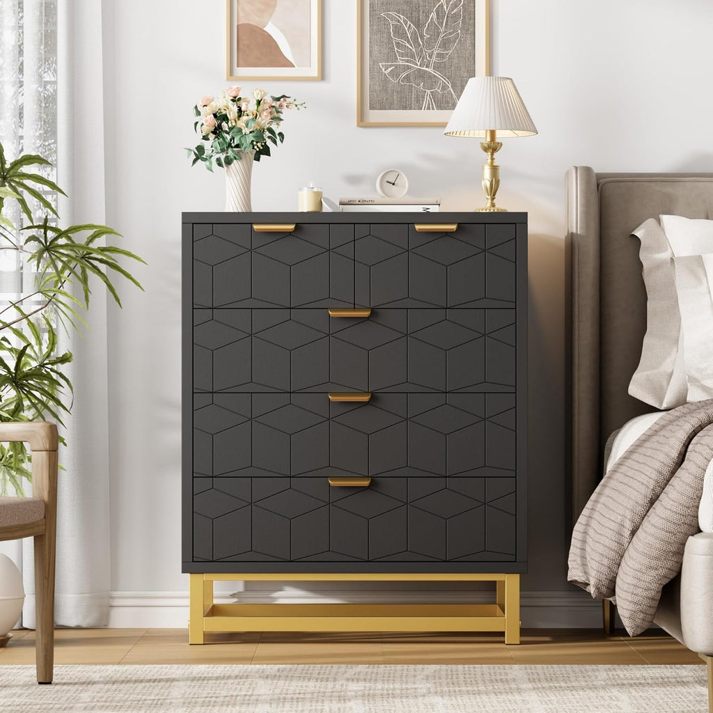 IDEALHOUSE Black Dresser for Bedroom, 5 Drawer Dresser with Metal Legs, Modern Chest Organizer with Wide Storage, Chest of Drawers for Bedroom, Living Room, Entryway