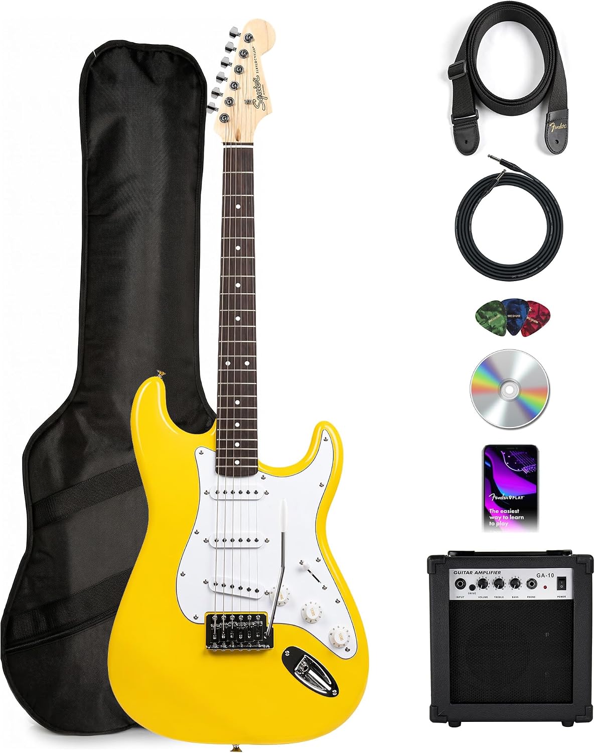 Fender Squier Stratocaster - Graffiti Yellow Bundle with Amplifier, Gig Bag, Instrument Cable, Strap, Picks, and Austin Bazaar Instructional DVD