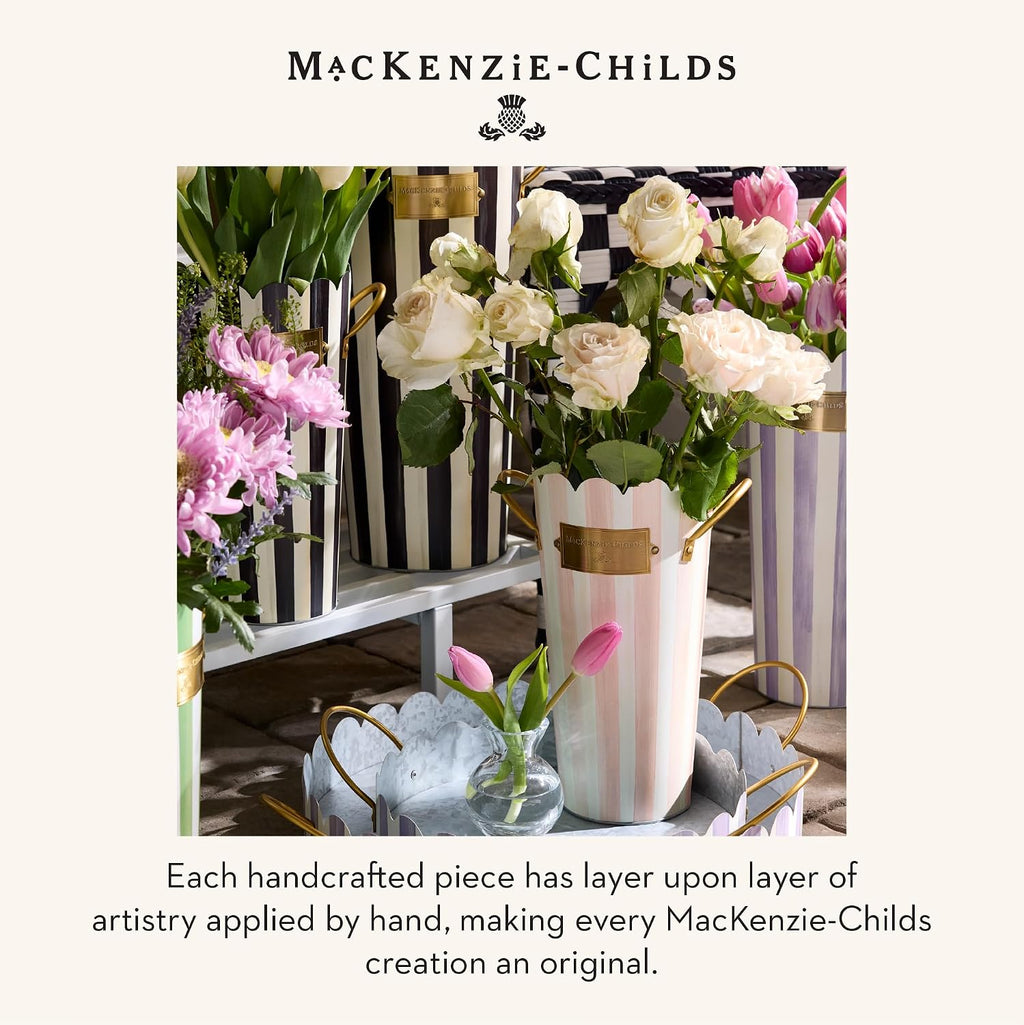MACKENZIE-CHILDS Set of 3 Galvanized Flower Buckets, Decorative Metal Buckets, Black-and-White Courtly Stripe