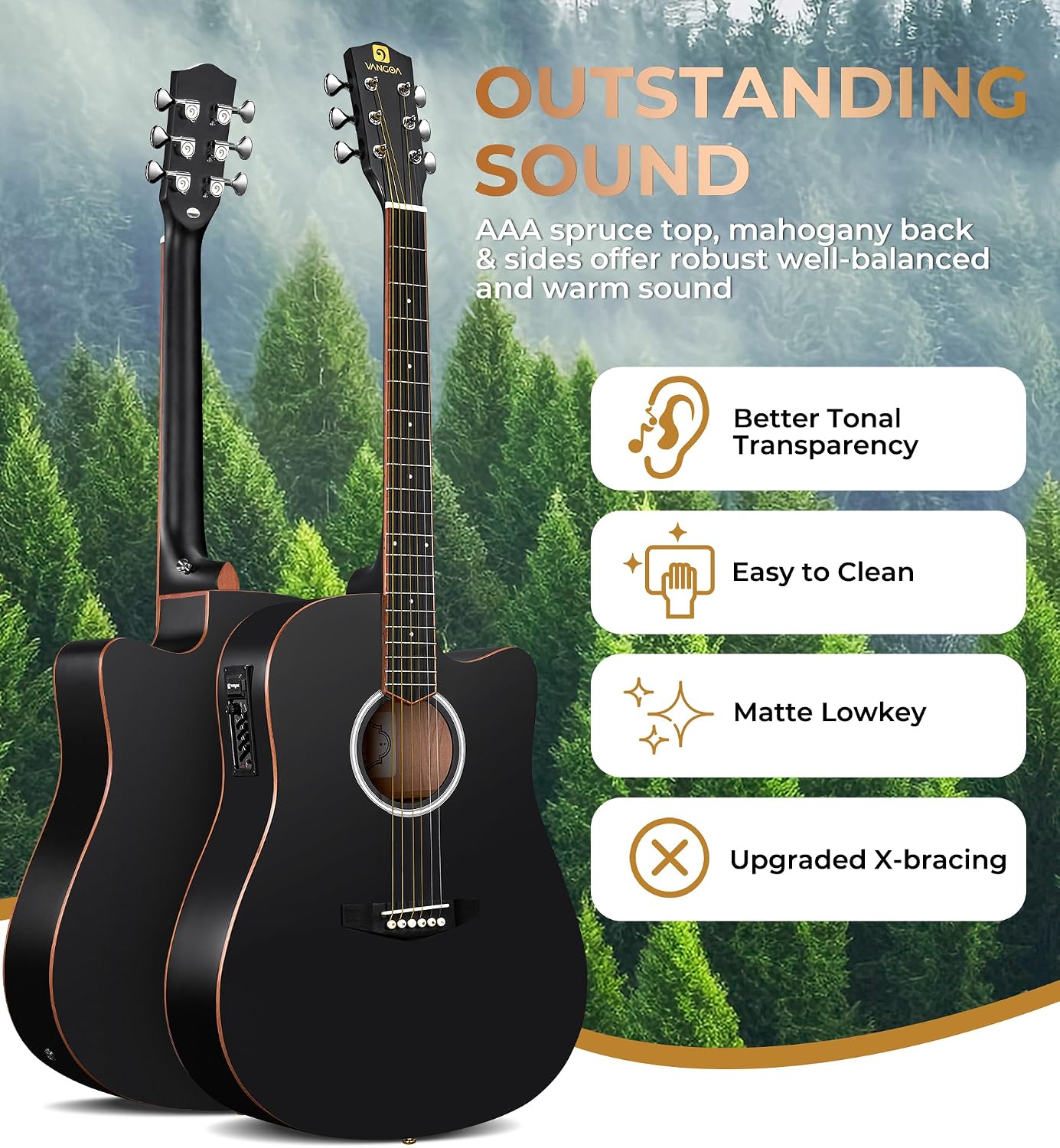 Vangoa Acoustic Electric Guitar Bundle for Beginners Adults Teens Full Size Cutaway Acoustic Guitar with Built-in Pickups, Wooden Bindings, Upgraded Starter Kit, Matte Black