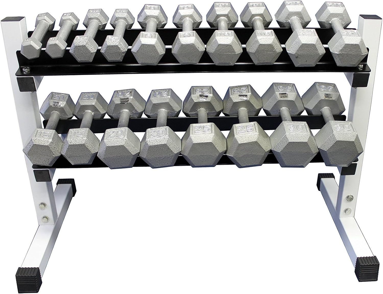 Ader 3-30Lb Grey Hex Dumbbell Set with 2 Tier 36 Inches Rack (3,5,8,10,12,15,20,25,30Lbs)