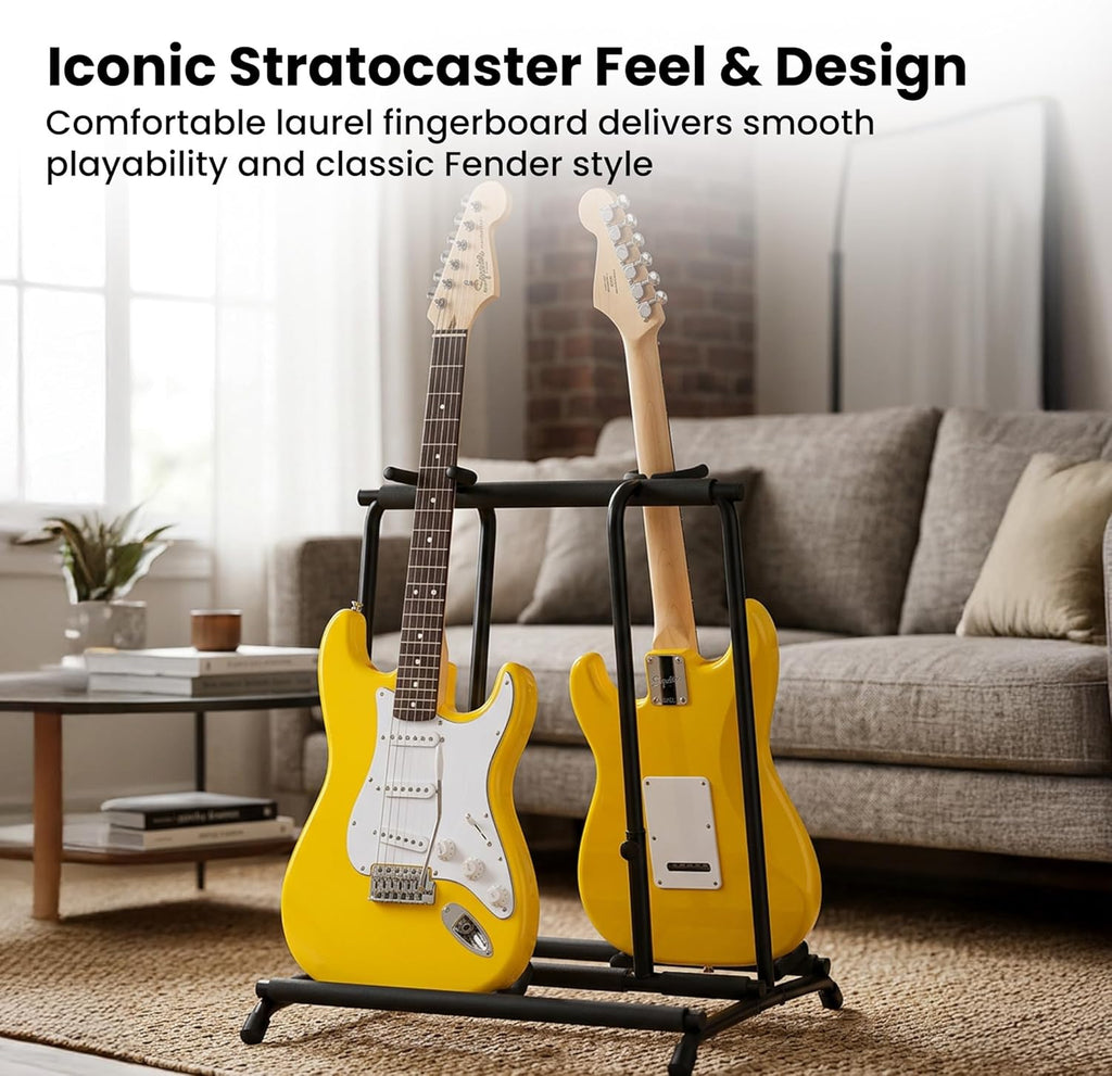 Fender Squier Stratocaster - Graffiti Yellow Bundle with Amplifier, Gig Bag, Instrument Cable, Strap, Picks, and Austin Bazaar Instructional DVD
