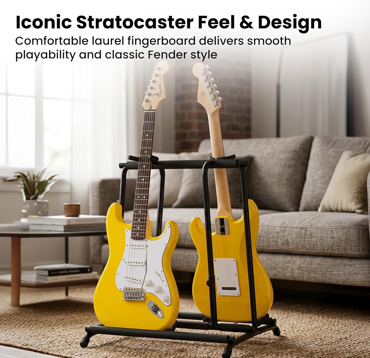 Fender Squier Stratocaster - Graffiti Yellow Bundle with Amplifier, Gig Bag, Instrument Cable, Strap, Picks, and Austin Bazaar Instructional DVD