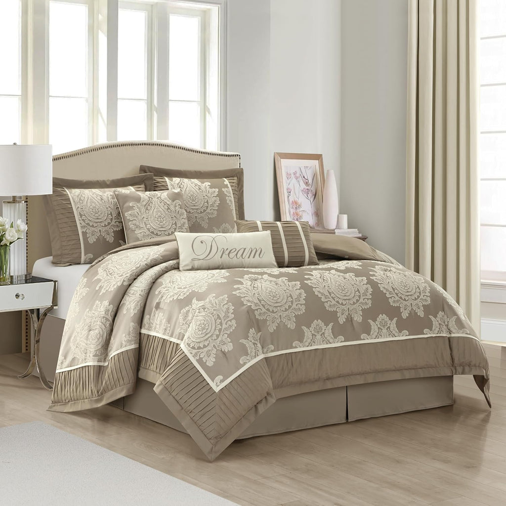 Stratford Park Beige Comforter Set, Bed Size California King,7 Pieces Jacquard Bedding Set, All Season, Matching Bedskirt, Pillows & Shams