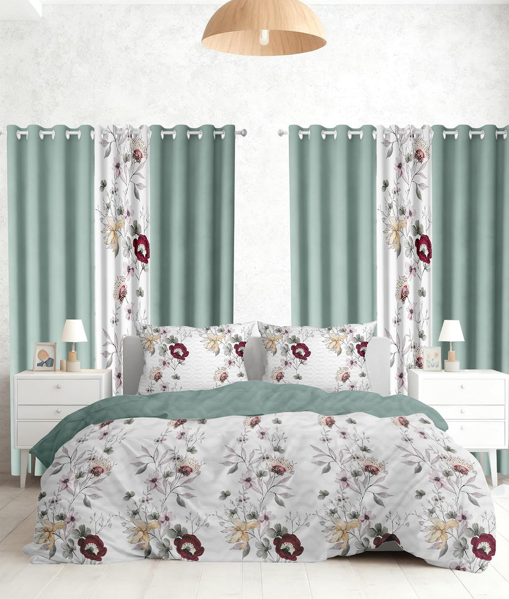 9 Pcs King Bed in A Bag with Curtains | Green/Red Floral Bedspread, 2 Pillowcases, 2 Print & 4 Solid Curtains | Microfiber, Moisture-Wicking | King Size Comforter Set with Curtains