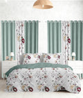 9 Pcs King Bed in A Bag with Curtains | Green/Red Floral Bedspread, 2 Pillowcases, 2 Print & 4 Solid Curtains | Microfiber, Moisture-Wicking | King Size Comforter Set with Curtains