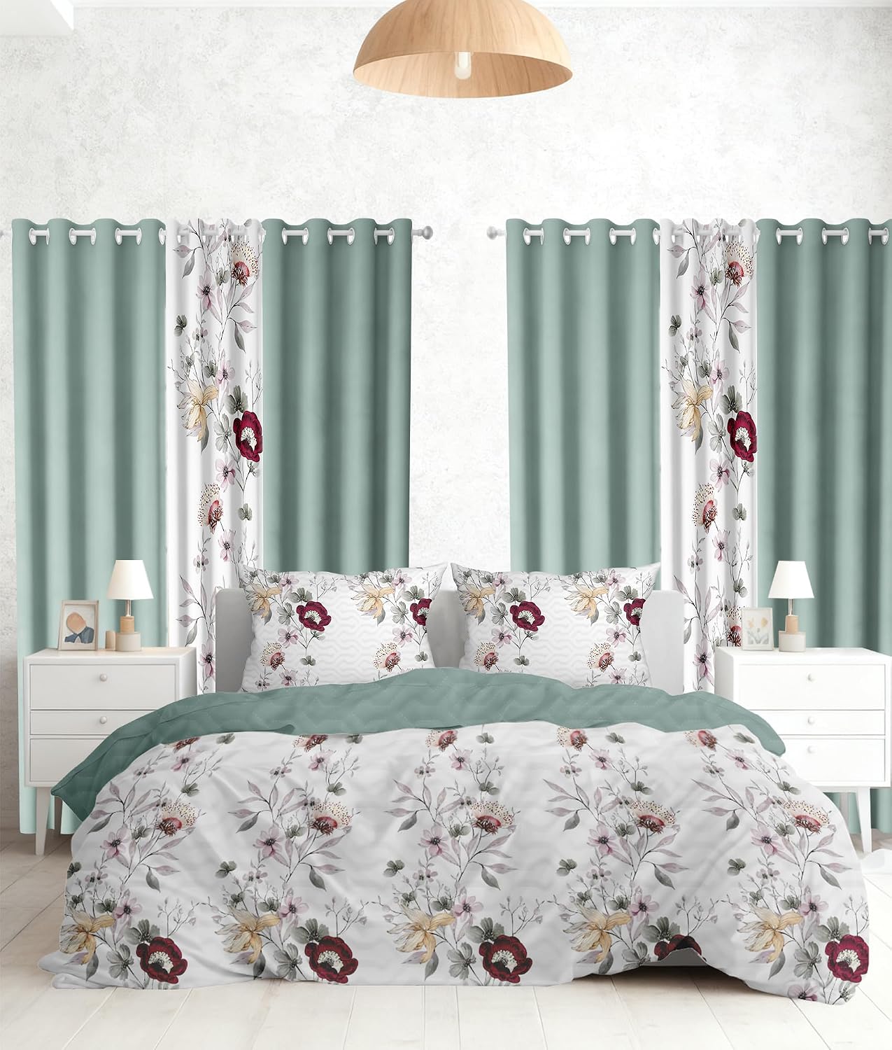 9 Pcs King Bed in A Bag with Curtains | Green/Red Floral Bedspread, 2 Pillowcases, 2 Print & 4 Solid Curtains | Microfiber, Moisture-Wicking | King Size Comforter Set with Curtains