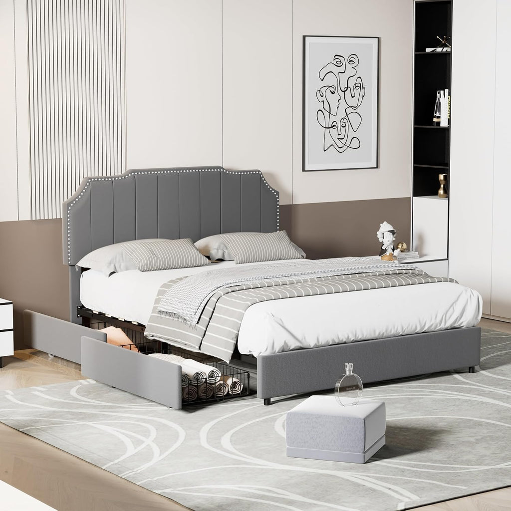 VECELO Full Bed Frame 4 Storage Drawers & Upholstered Platform &Tufted Adjustable Headboard/Mattress Foundation/Wood Slat Support,Easy Assembly,Dark Grey