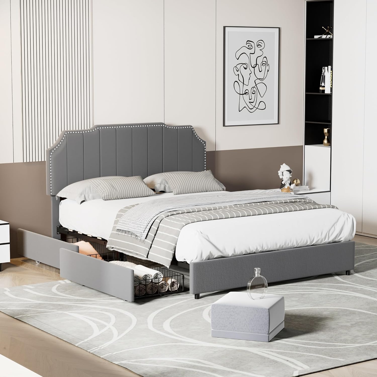 VECELO Full Bed Frame 4 Storage Drawers & Upholstered Platform &Tufted Adjustable Headboard/Mattress Foundation/Wood Slat Support,Easy Assembly,Dark Grey