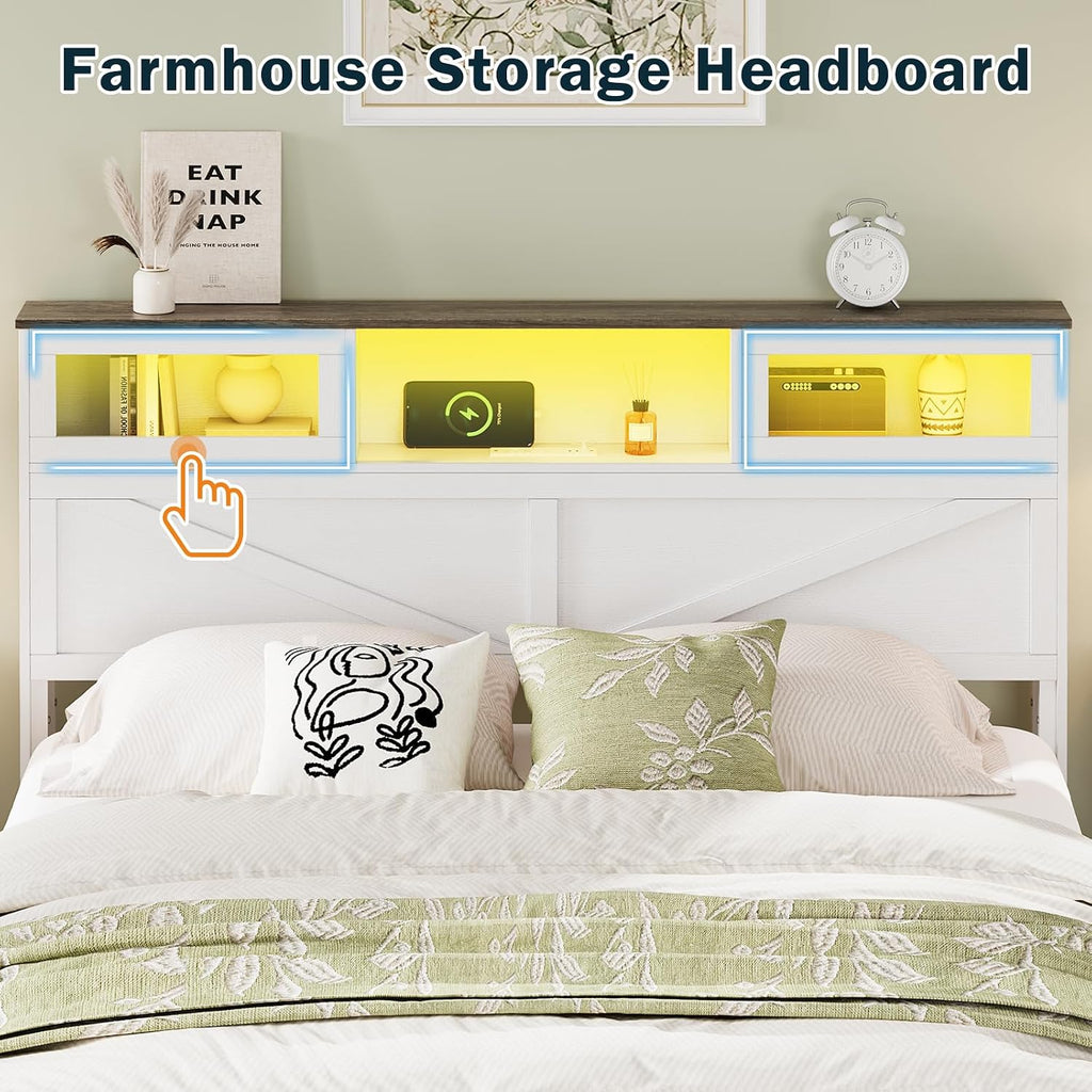 Yoobure Queen Bed Frame with Headboard, Bed Frame Queen Size with Charging Station, LED Beds with 2 Storage Drawers, Wood Farmhouse Bedframe Queen-Size, Noise-Free and No Box Spring Needed
