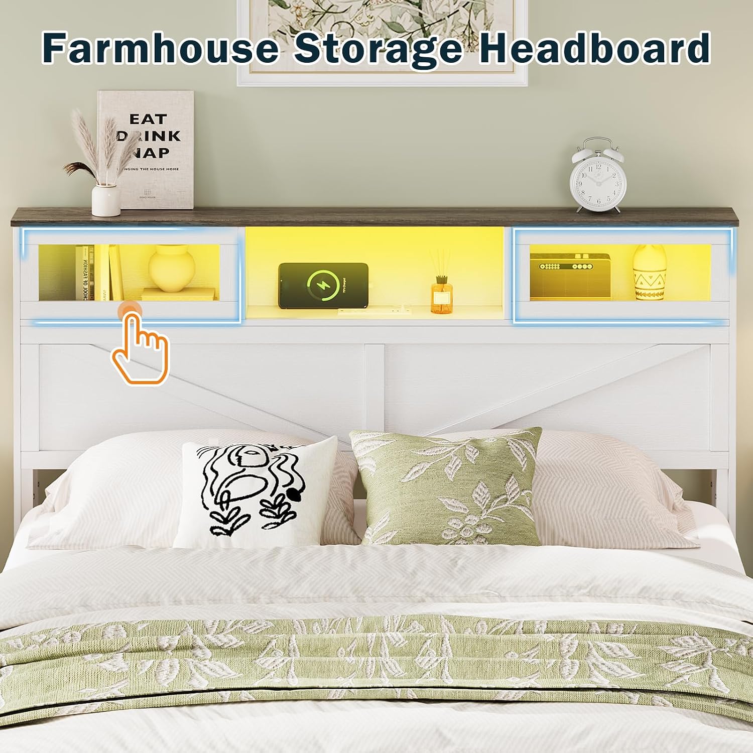 Yoobure Queen Bed Frame with Headboard, Bed Frame Queen Size with Charging Station, LED Beds with 2 Storage Drawers, Wood Farmhouse Bedframe Queen-Size, Noise-Free and No Box Spring Needed