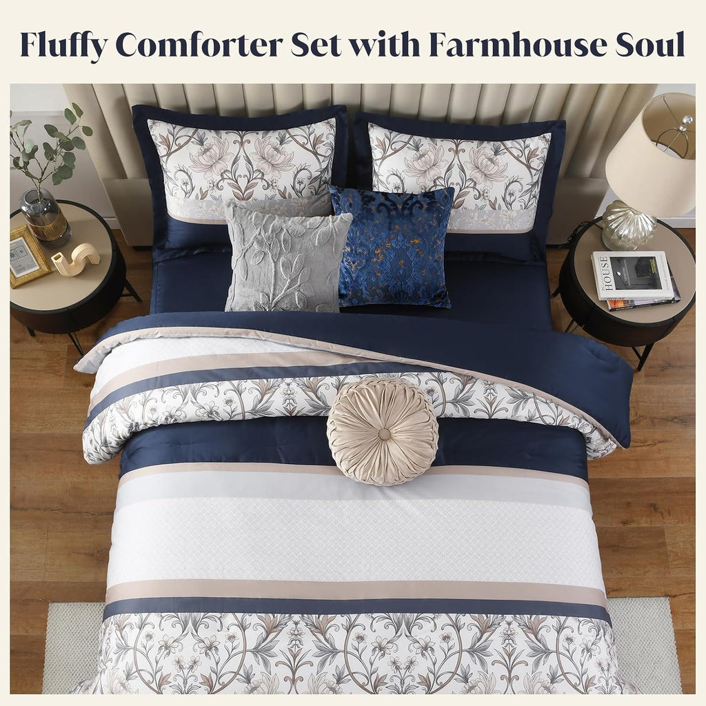 CozyDH 7-Piece Vintage Vine Floral Comforter Set, Navy Beige, Queen - 300TC Cotton Luxury Farmhouse Pleated Design, All-Season Down Alternative Bedding with Bedskirt, Shams, Decor Pillows, 90x90 in