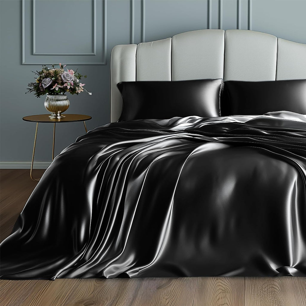 16 Momme 100% Mulberry Silk Bedding Set Full XL Size 4-Piece Luxury (2 Pillowcases, 1 Fitted Sheet, 1 Flat Sheet) - 6A Grade Natural Silk Fits 22-25' Deep Pocket (Solid, Black)