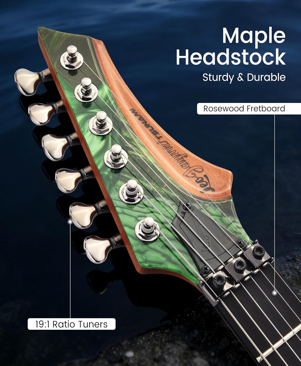 Leo Jaymz Tsunami Deluxe Mahogany Body & Roasted Maple Neck, HH Pickups with Rail, Double-Locking Tremolo, 24 Frets(Green)