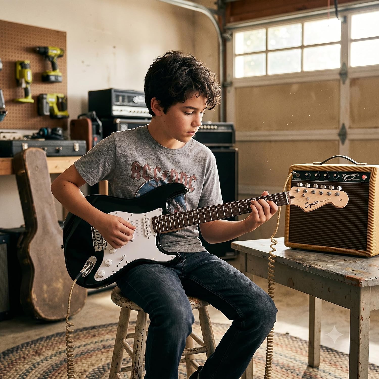 Fender Squier 3/4-Size Left-Handed Kids Mini Strat Electric Guitar - Black Bundle with Amplifier, Instrument Cable, Tuner, Strap, Picks, and Austin Bazaar Instructional DVD