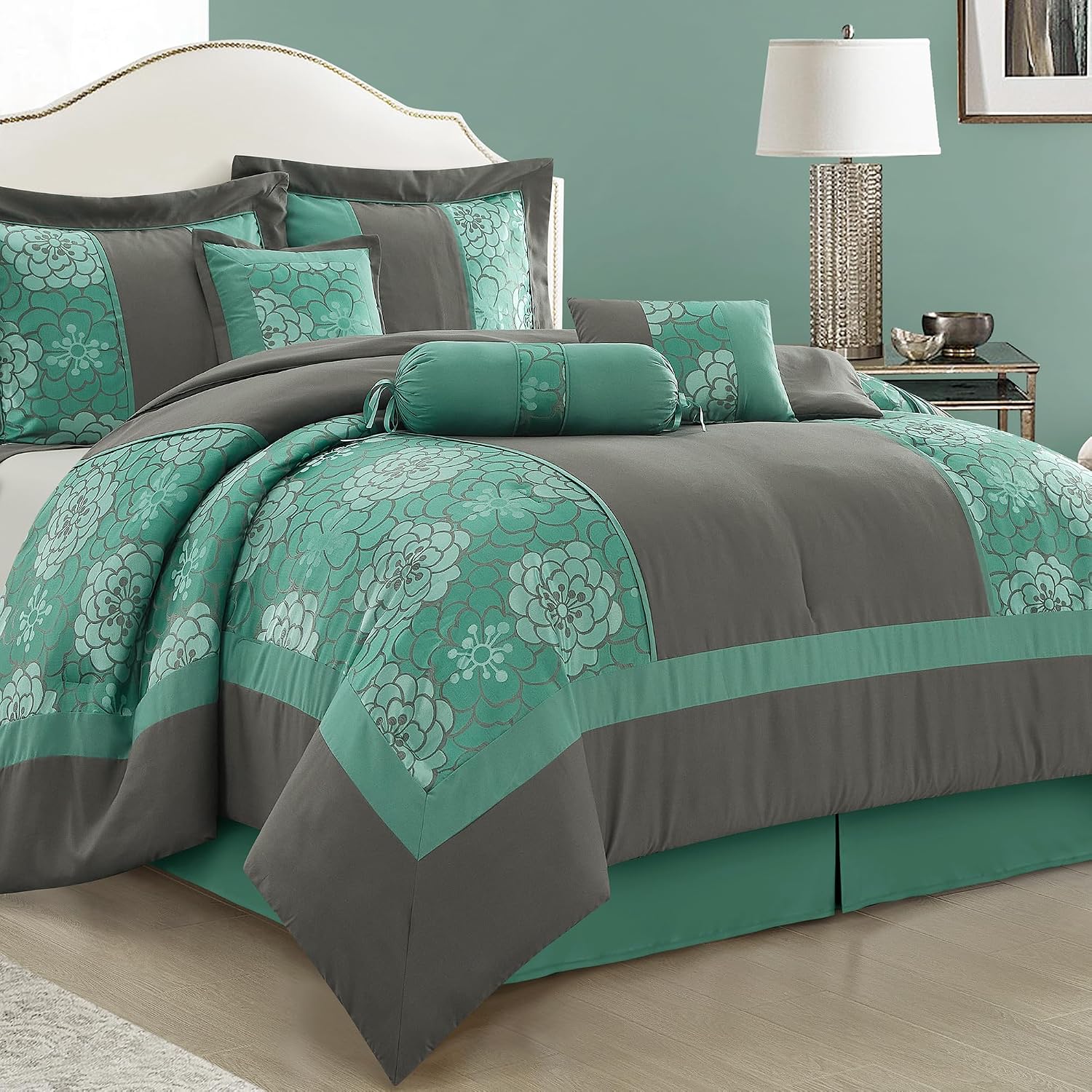 LANCO MODERN LIFESTYLE 7 Piece Queen Comforter Set, Aqua Grey, Elegant Floral Jacquard, Stylish and Cozy Bedding Collection, Premium Bedding Set with Bedskirt, Shams and Pillows