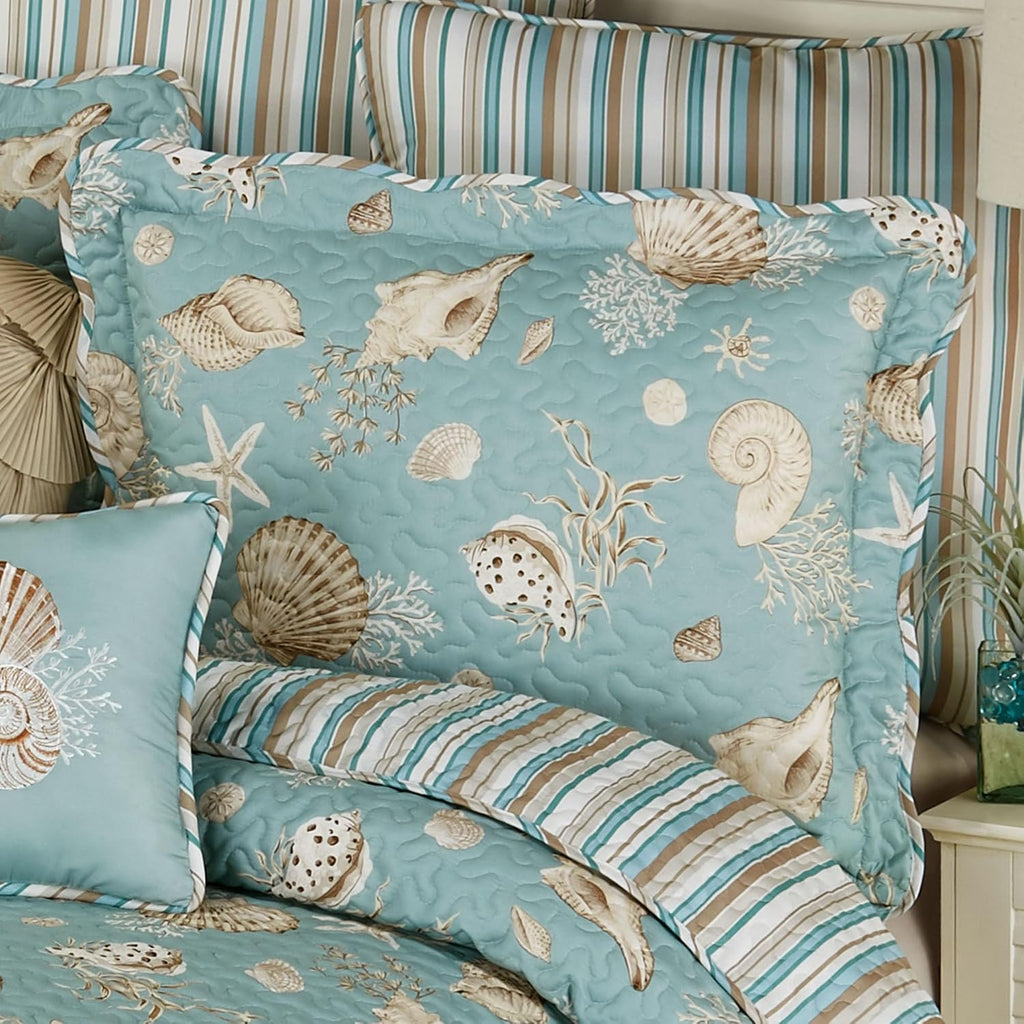 Seabreeze Coastal Beach Polyester Microfiber Bedding | All Season Quilted | Shell Starfish Coral Stripe | Aqua Teal Ivory Cream | Machine Washable | 4 Pc Set: Queen Quilt, 2 Standard Shams, Bedskirt