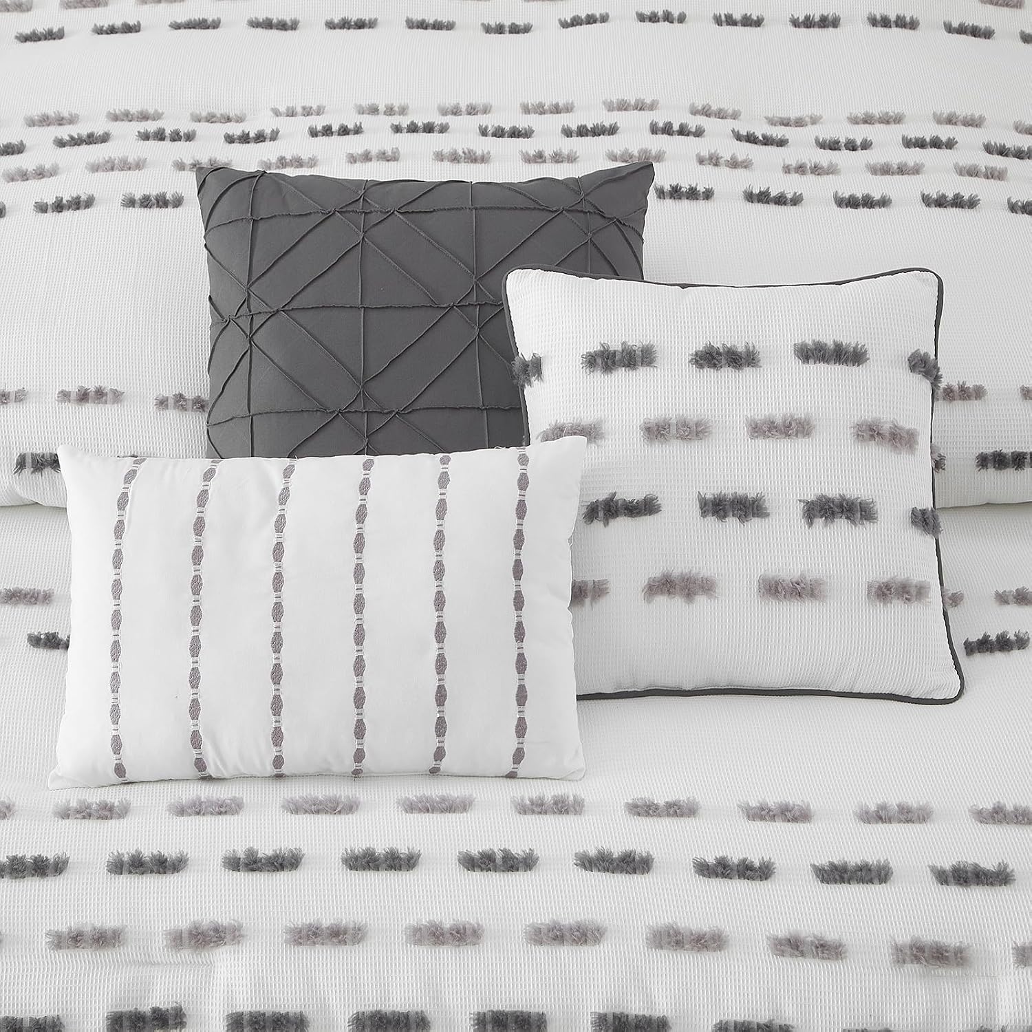 LANCO MODERN LIFESTYLE White Grey 7 Piece Comforter Set, Queen, Clip Waffle Texture Stripe Design, Soft Polyester Bedding for All Seasons, Includes Bedskirt, Shams and Decorative Pillows