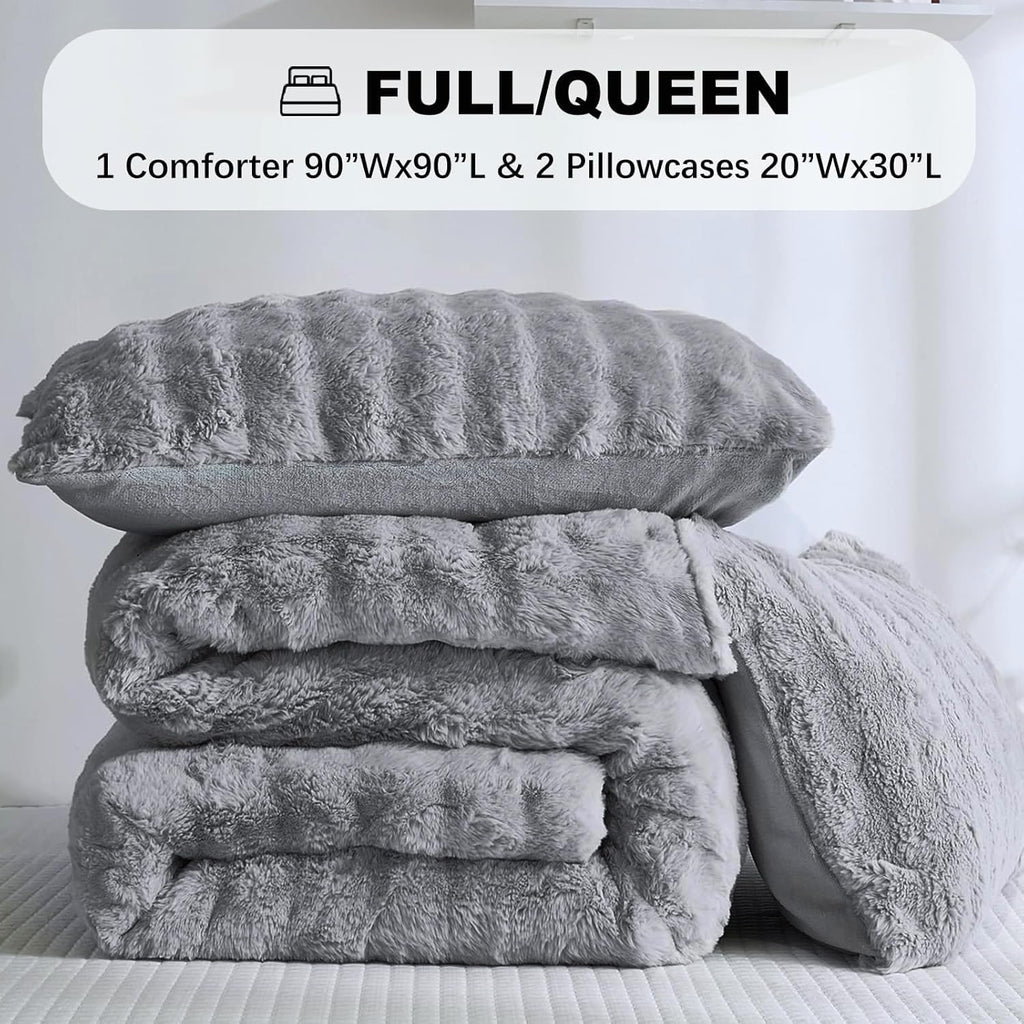 Bedbay Faux Fur Comforter Set King Size Plush Grey Fluffy Comforter Luxury Rabbit Fur Fuzzy Furry Bedding Set 3 Pieces Soft Warm Shaggy Velvet Reversible Quilt Duvet Set for Boys Girls Kids